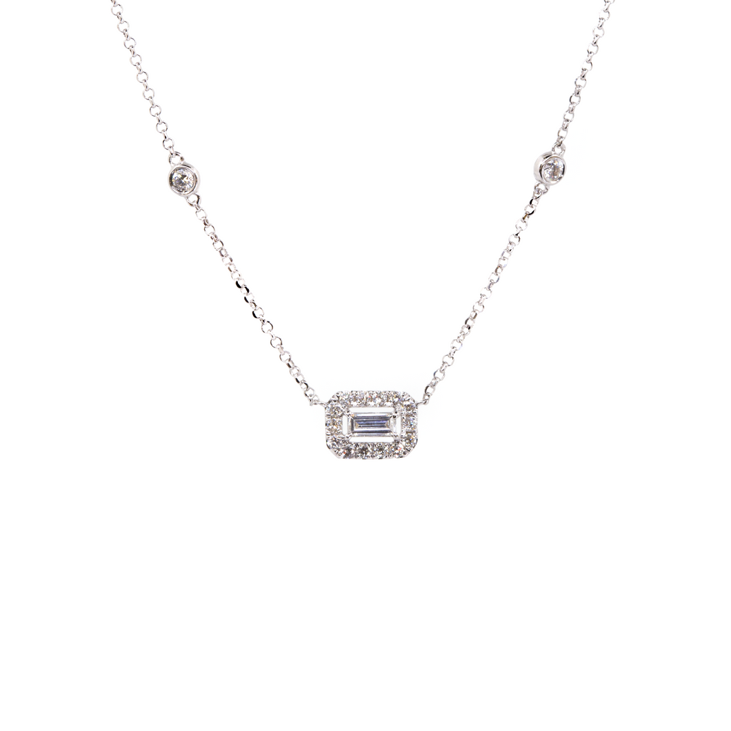Emerald Shape Halo Dainty Diamond Necklace
